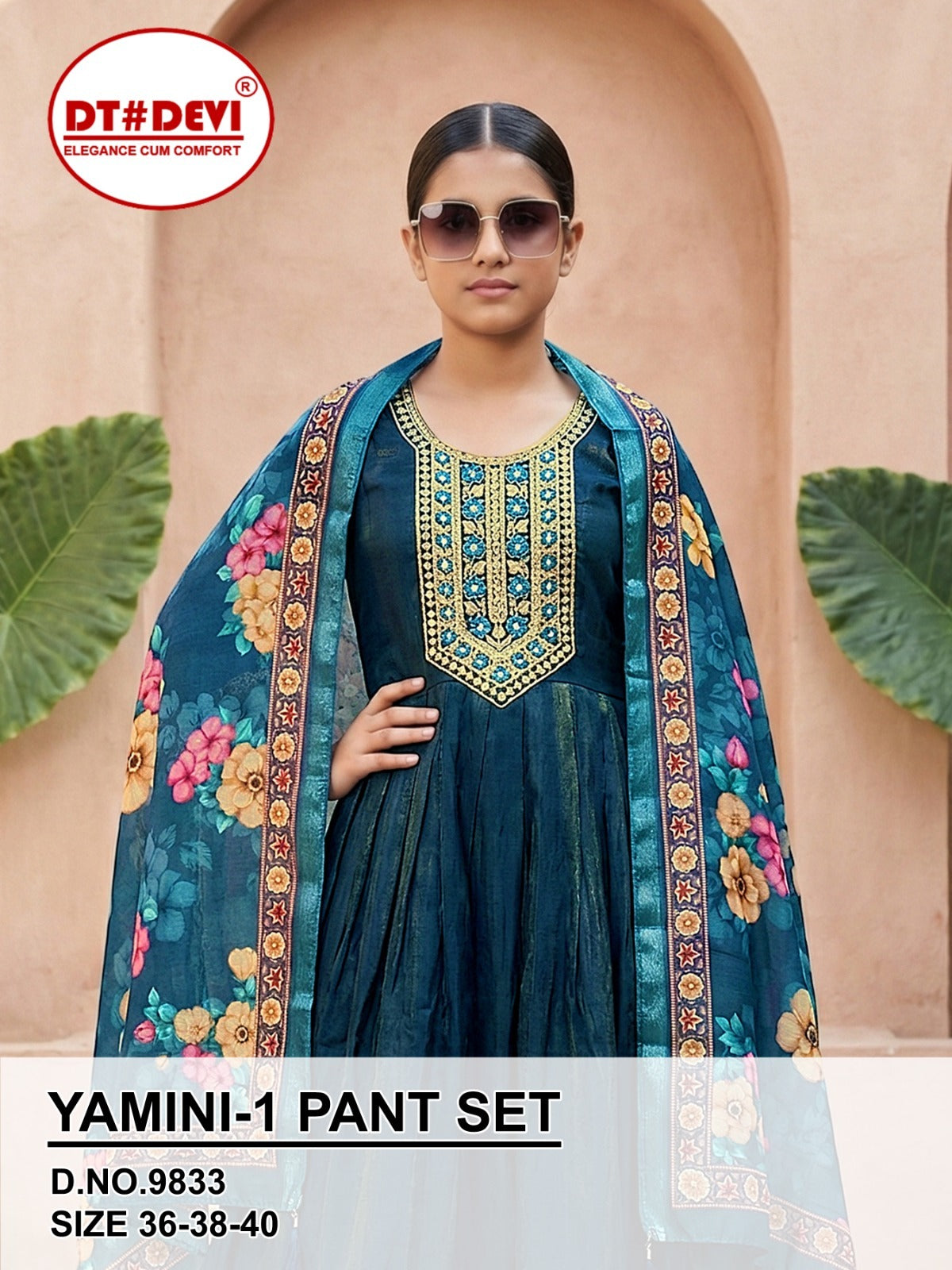 Yamini 1 Dn 9833 Dt Devi Roman Shimmer Girls Readymade Pant Suits Wholesaler Gujarat