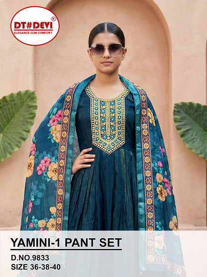 Yamini 1 Dn 9833 Dt Devi Roman Shimmer Girls Readymade Pant Suits Wholesaler Gujarat