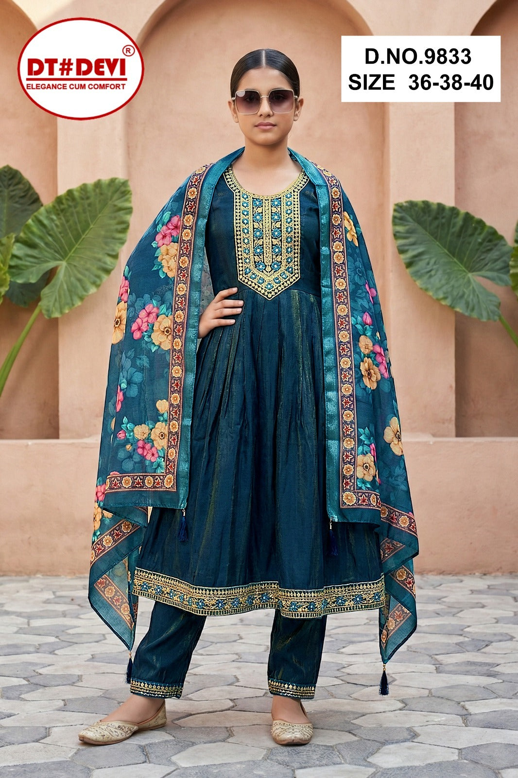 Yamini 1 Dn 9833 Dt Devi Roman Shimmer Girls Readymade Pant Suits Wholesaler Gujarat