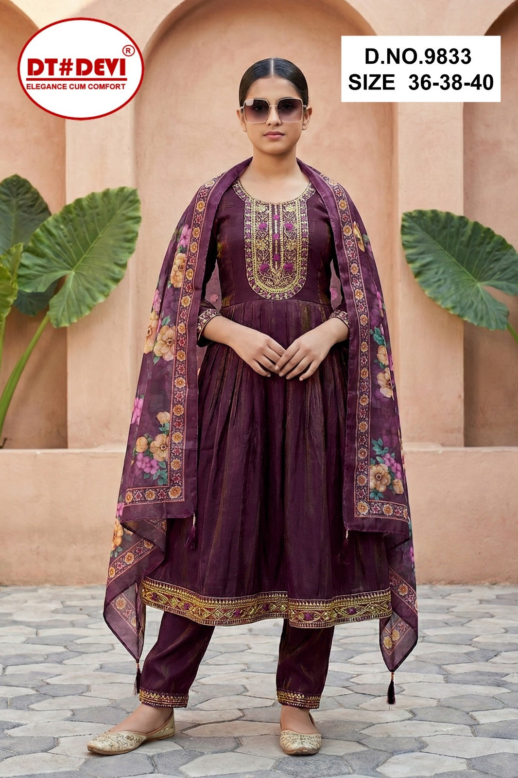 Yamini 1 Dn 9833 Dt Devi Roman Shimmer Girls Readymade Pant Suits Wholesaler Gujarat