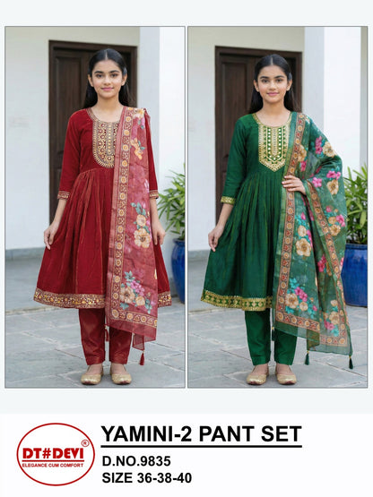 Yamini 2 Dn 9835 Dt Devi Roman Shimmer Girls Readymade Pant Suits Exporter Gujarat
