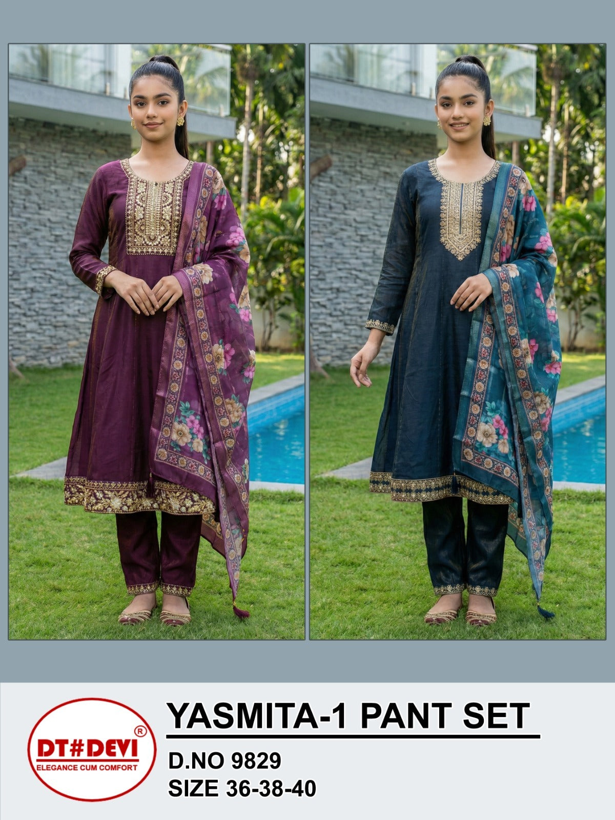 Yasmita 1 Dn 9829 Dt Devi Roman Shimmer Girls Readymade Pant Suits Supplier