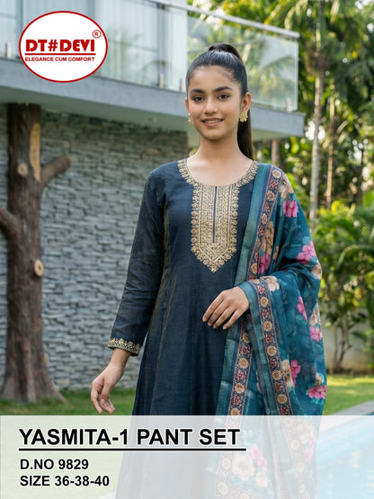 Yasmita 1 Dn 9829 Dt Devi Roman Shimmer Girls Readymade Pant Suits Supplier
