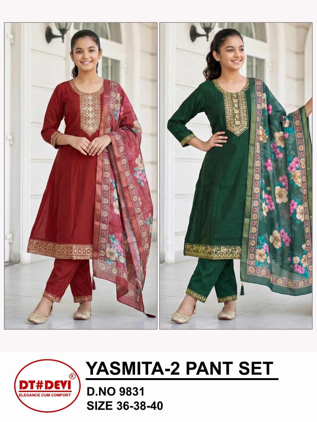 Yasmita 2 Dn 9831 Dt Devi Roman Shimmer Girls Readymade Pant Suits Exporter India