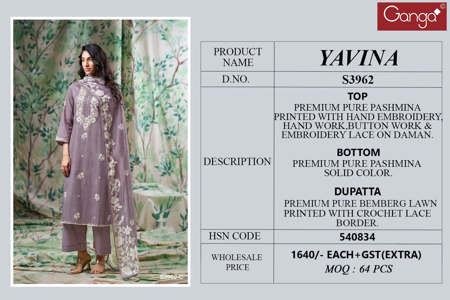 Yavina 3962 Ganga Pashmina Suits Exporter