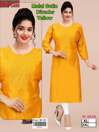 Yellow 3034-3036 Bon50 Satin Straight Cut Kurtis Exporter Ahmedabad