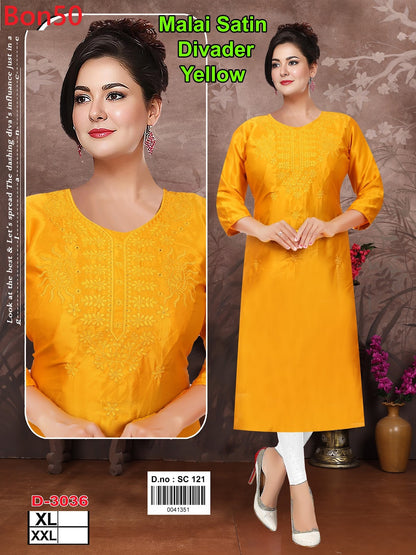 Yellow 3034-3036 Bon50 Satin Straight Cut Kurtis Exporter Ahmedabad
