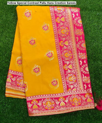 Yellow Special Contrast Pallu Hans Creation Sarees Wholesaler Gujarat
