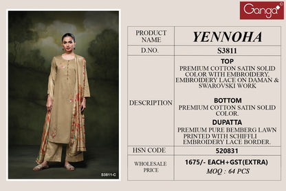 Yennoha 3811 Ganga Cotton Satin Plazzo Style Suits Wholesale Price