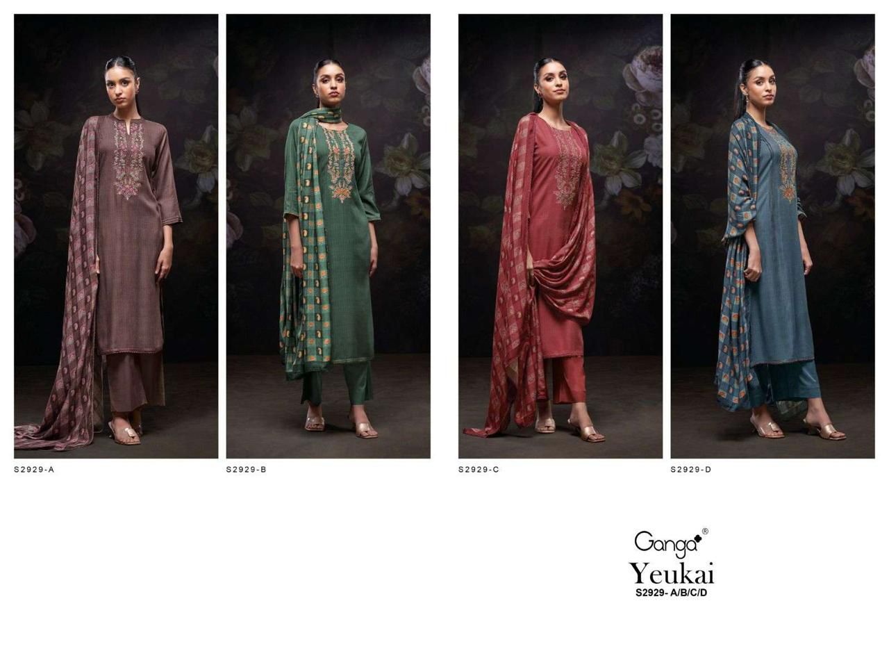 Yeukai S2929 Ganga Premium Wool Pashmina Suits Wholesaler India