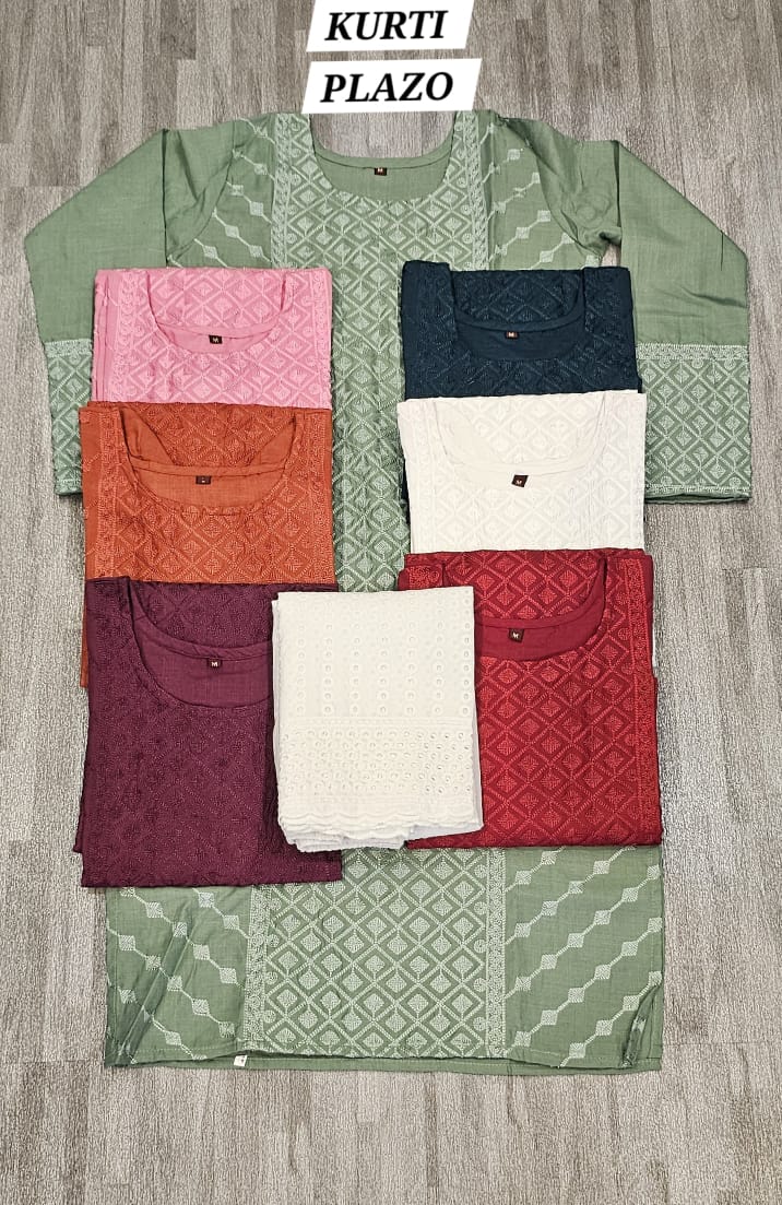 Yoke Work Stkri Slub Cotton Kurti Plazzo Set Supplier Ahmedabad