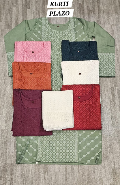 Yoke Work Stkri Slub Cotton Kurti Plazzo Set Supplier Ahmedabad