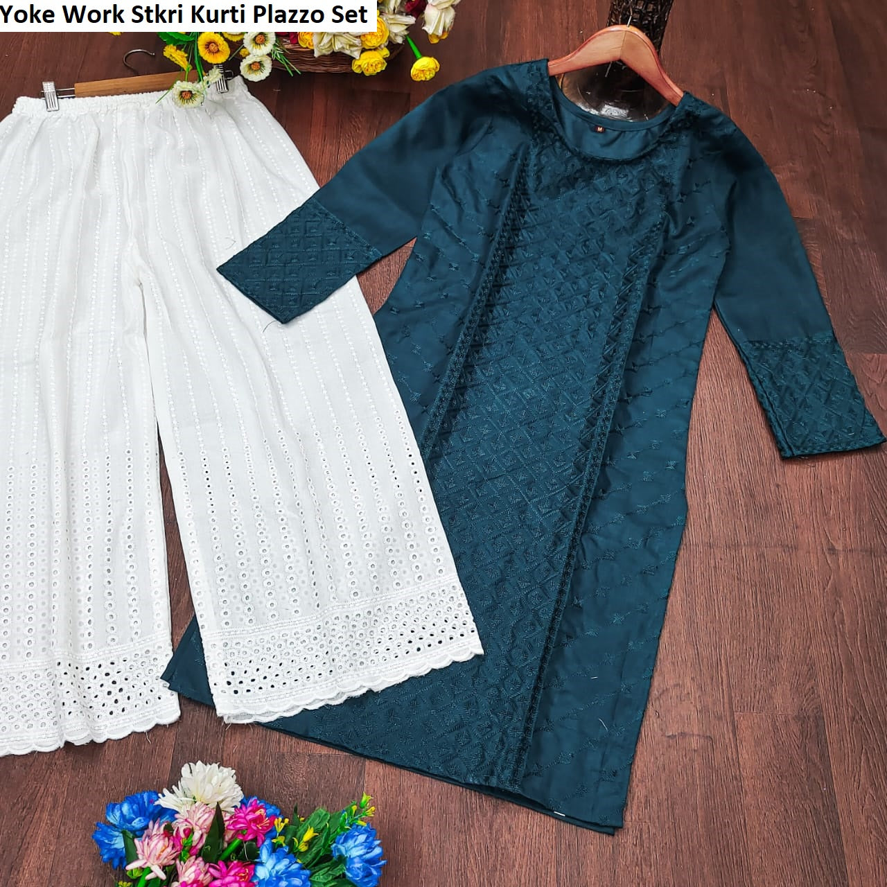 Yoke Work Stkri Slub Cotton Kurti Plazzo Set Supplier Ahmedabad