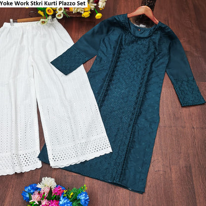 Yoke Work Stkri Slub Cotton Kurti Plazzo Set Supplier Ahmedabad