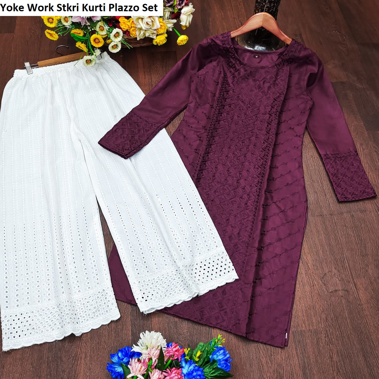 Yoke Work Stkri Slub Cotton Kurti Plazzo Set Supplier Ahmedabad