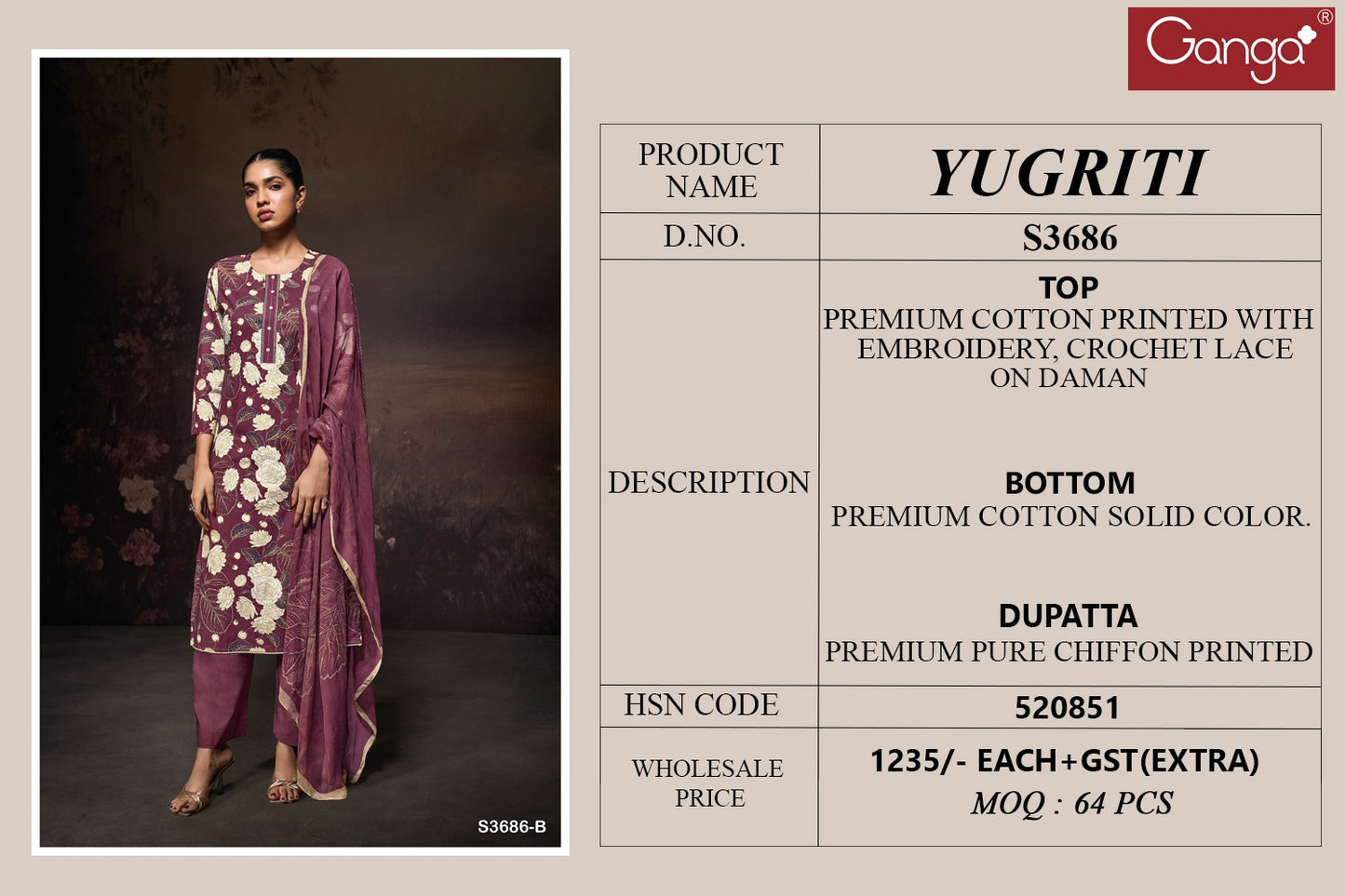 Yugriti 3686 Ganga Premium Cotton Pant Style Suits Manufacturer Ahmedabad