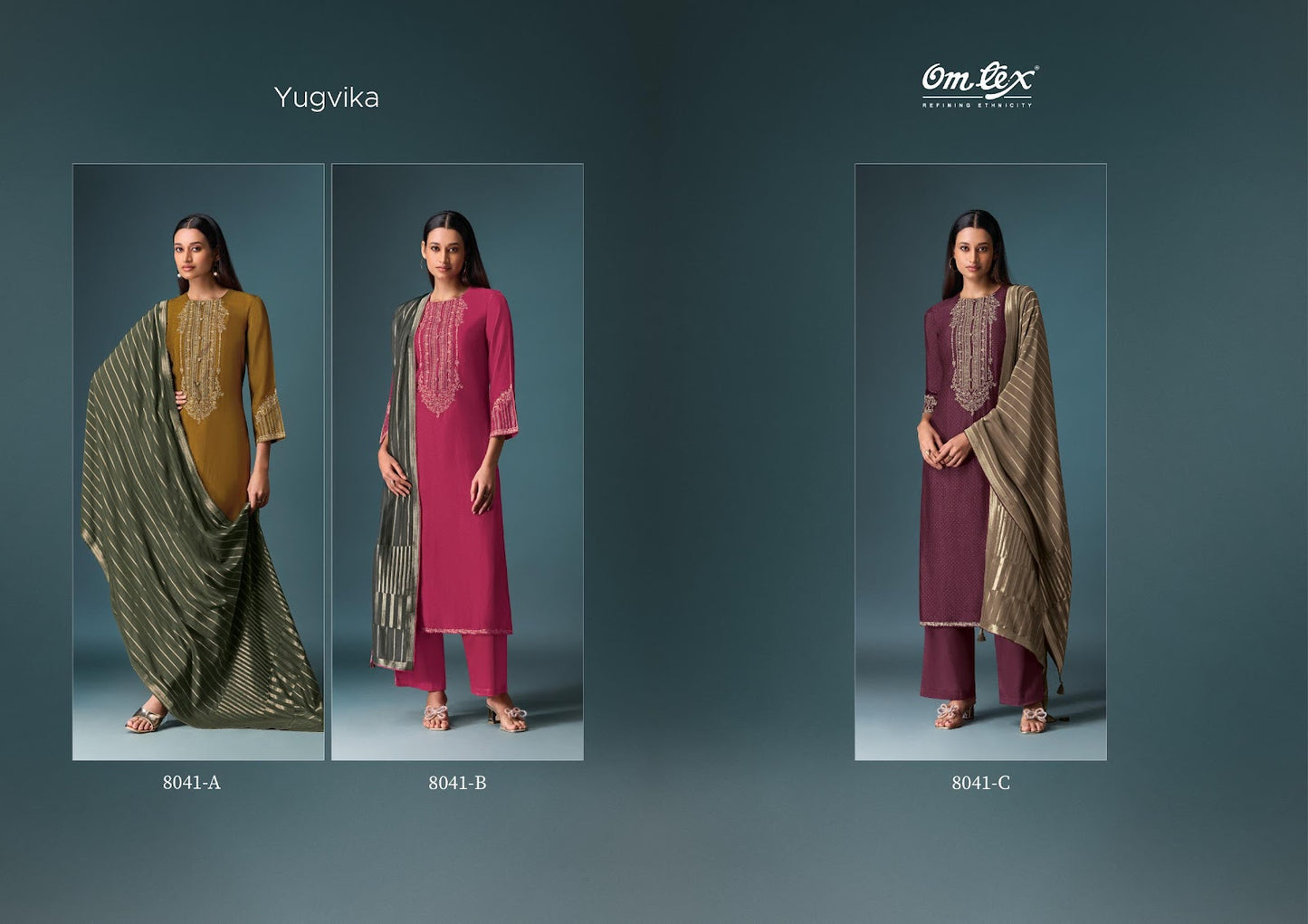 Yugvika Omtex Silk Pant Style Suits Wholesaler Ahmedabad