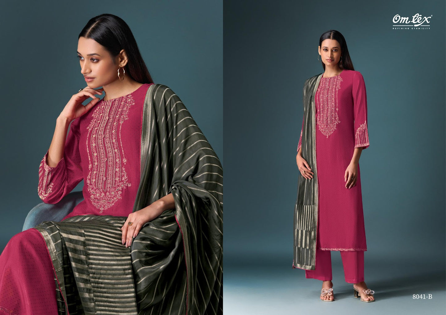 Yugvika Omtex Silk Pant Style Suits Wholesaler Ahmedabad