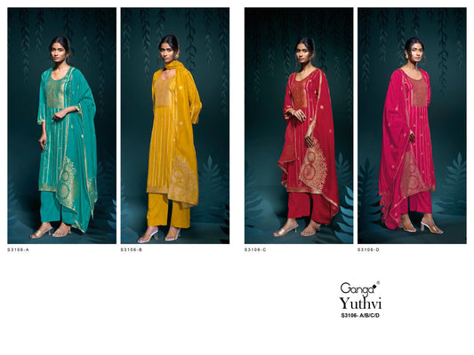 Yuthvi S3106 Ganga Silk Jacquard Plazzo Style Suits Exporter India
