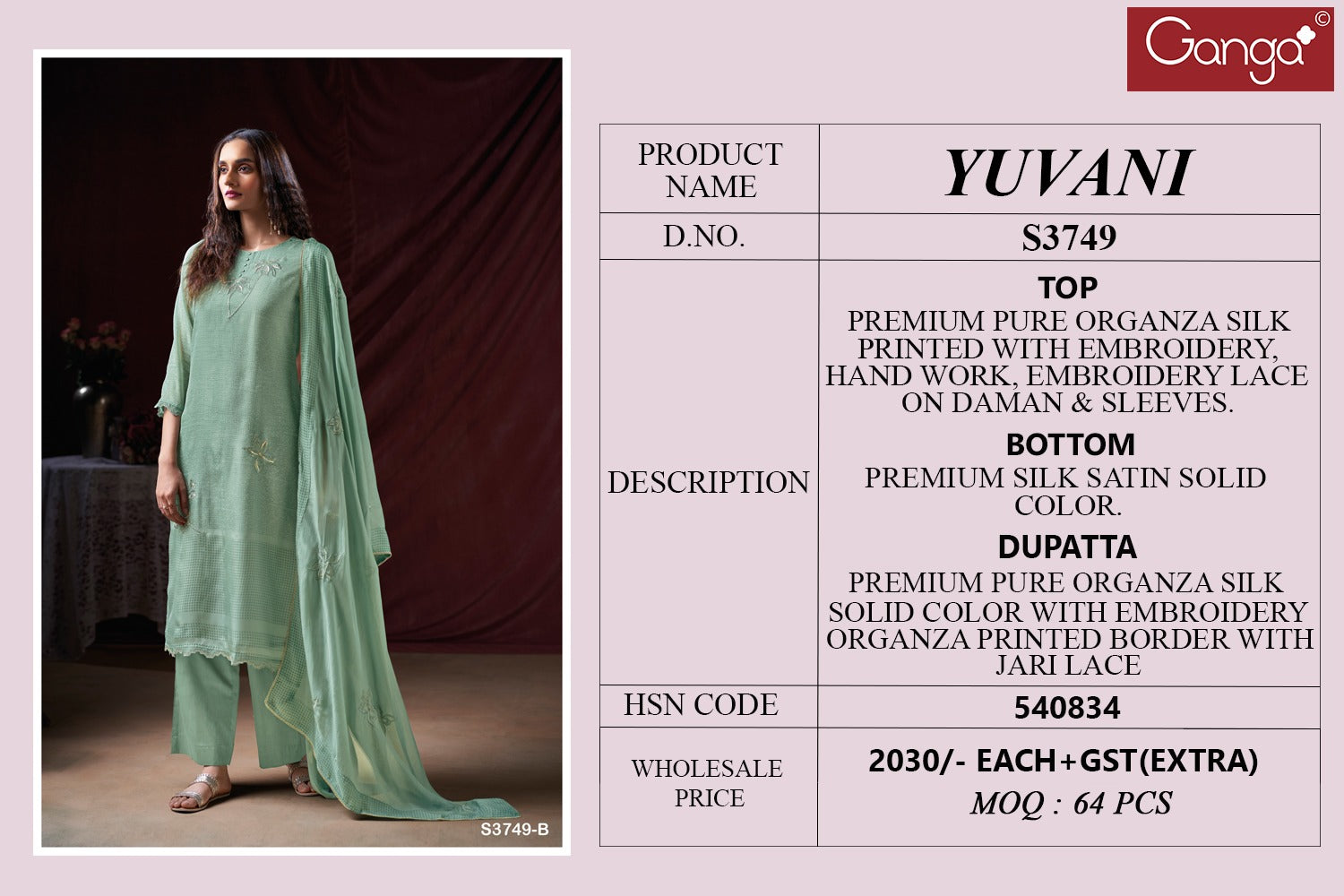 Yuvani 3749 Ganga Organza Pant Style Suits Wholesale Price