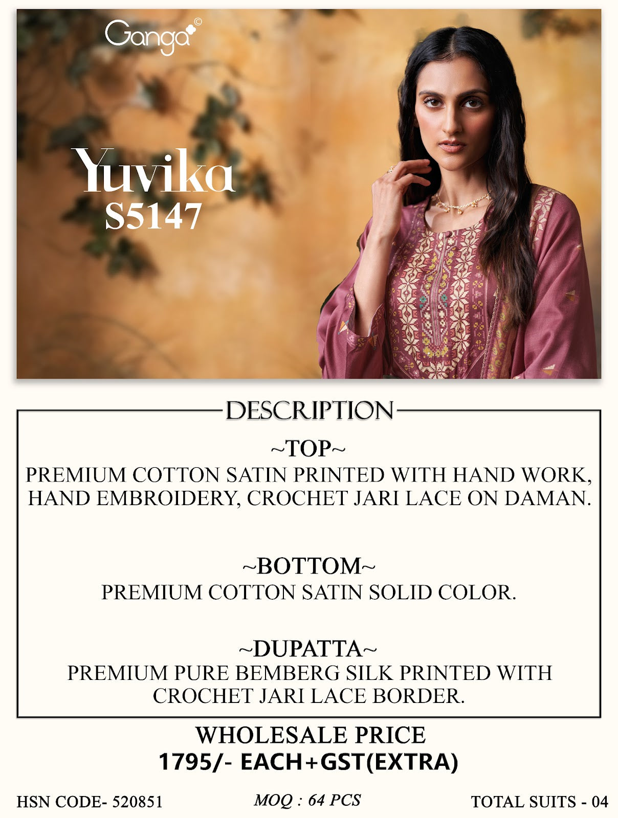 Yuvika S5147 Ganga Cotton Satin Pant Style Suits Wholesale Rate