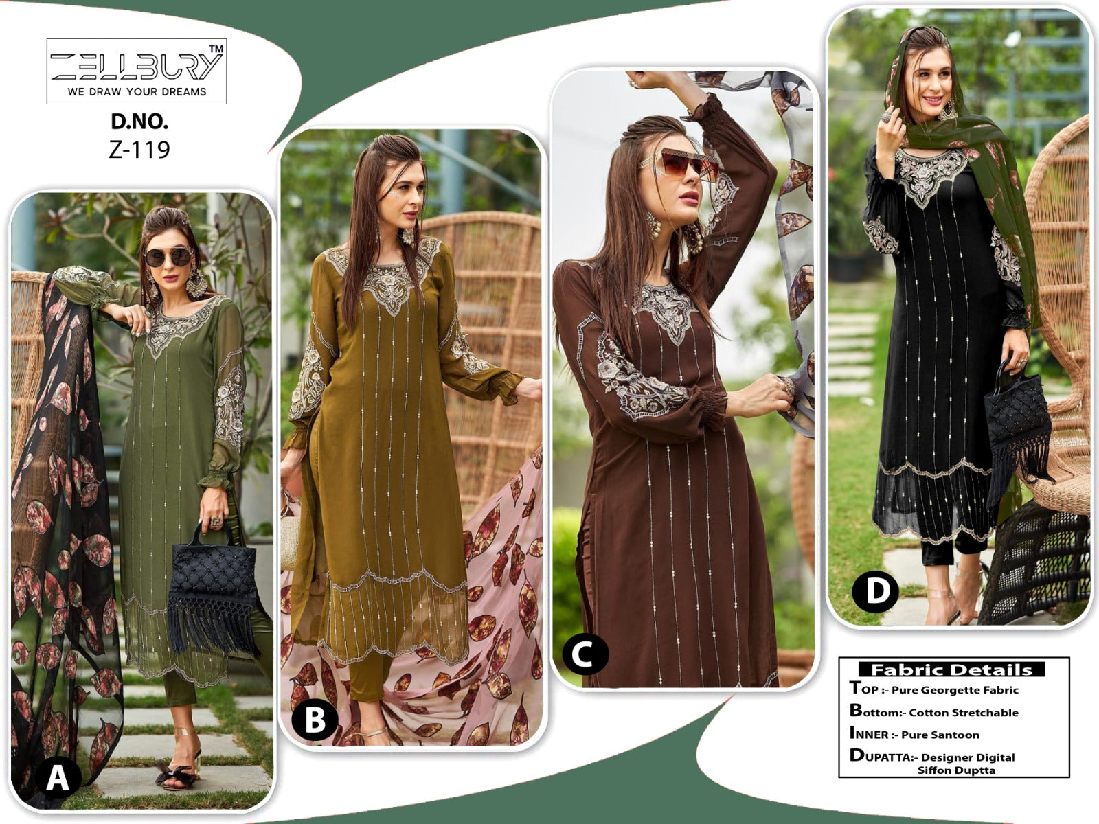 Z 119-Abcd Zellbury Georgette Pakistani Readymade Suits Exporter Ahmedabad