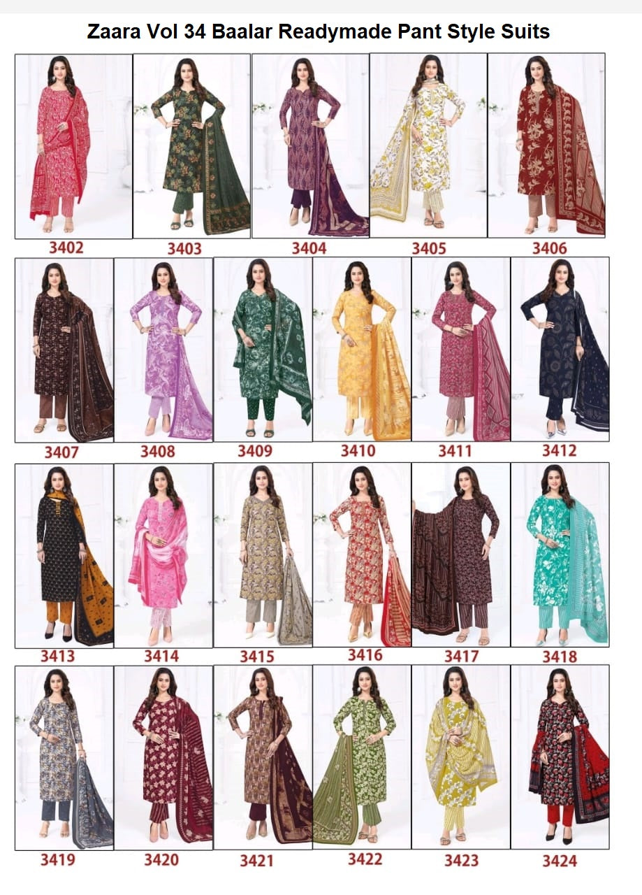 Zaara Vol 34 Baalar Cotton Readymade Pant Style Suits Wholesaler Ahmedabad