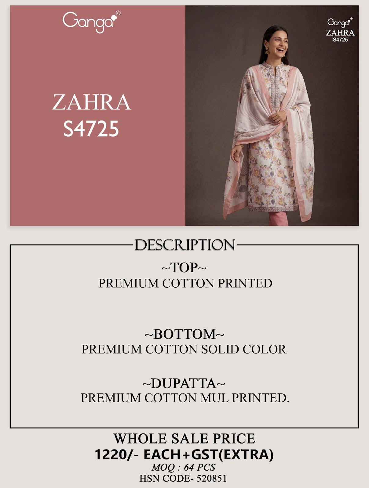 Zahra 4725 Ganga Cotton Pant Style Suits Wholesaler Gujarat