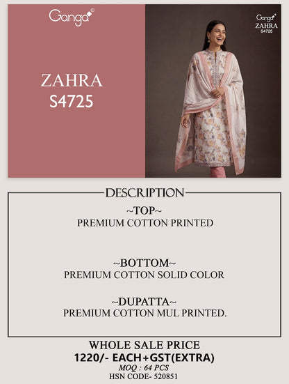 Zahra 4725 Ganga Cotton Pant Style Suits Wholesaler Gujarat