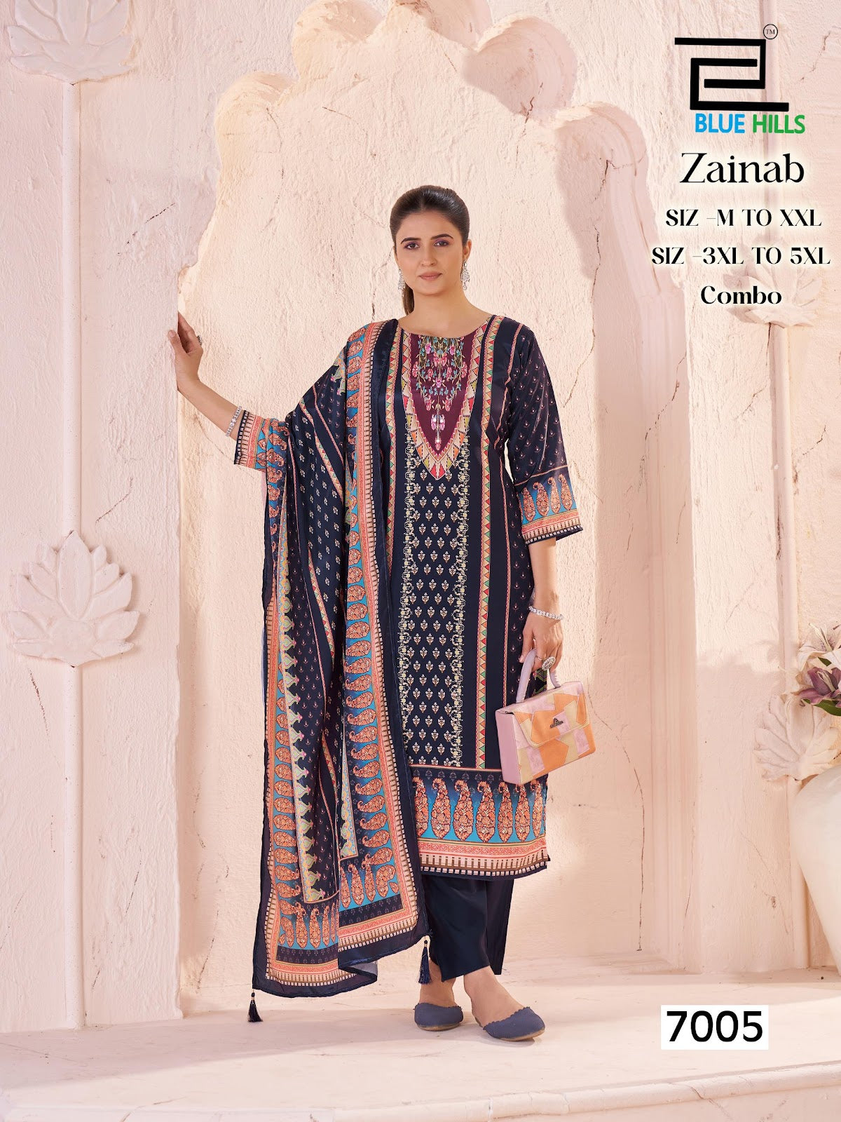 Zainab Blue Hills Muslin Readymade Pant Style Suits Wholesale Price