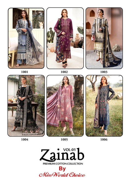 Zainab Vol 1 Premium Cotton Collection Miss World Choice Lawn Karachi Salwar Suits Supplier India
