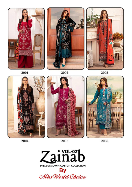 Zainab Vol 2 Premium Lawn Cotton Collection Miss World Choice Karachi Salwar Suits Manufacturer