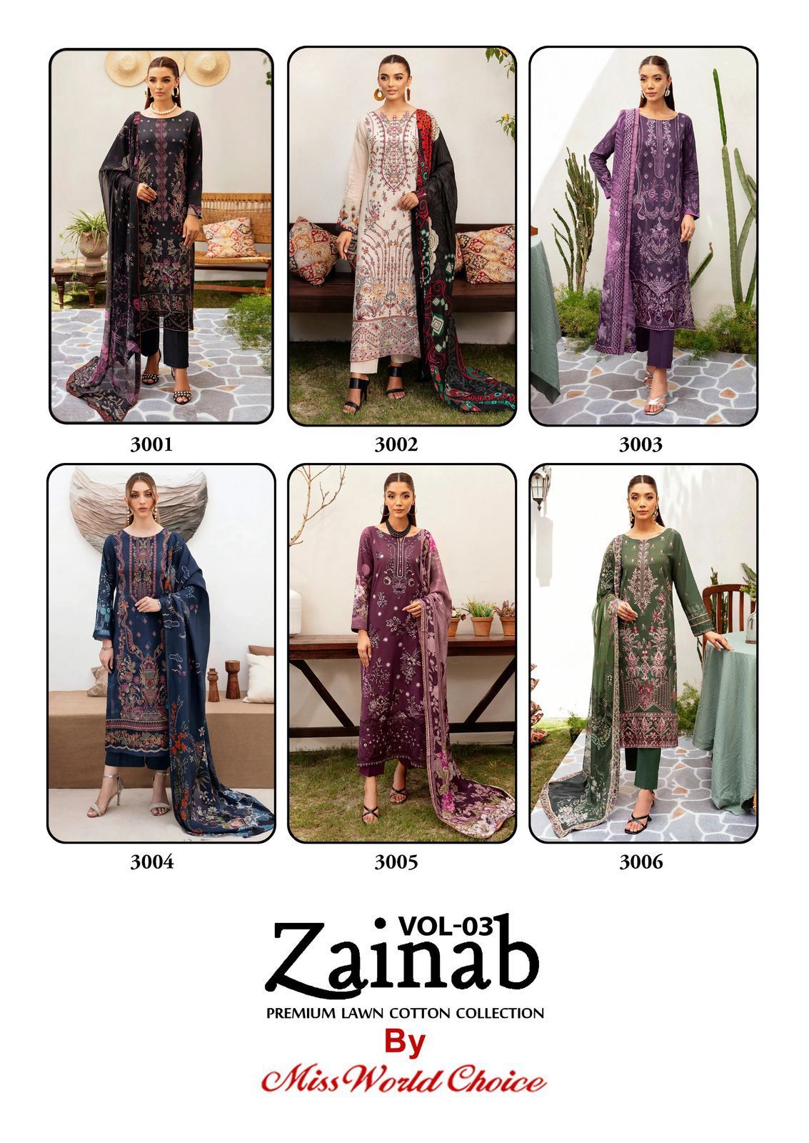 Zainab Vol 3 Premium Lawn Cotton Collection Miss World Choice Karachi Salwar Suits Wholesaler India
