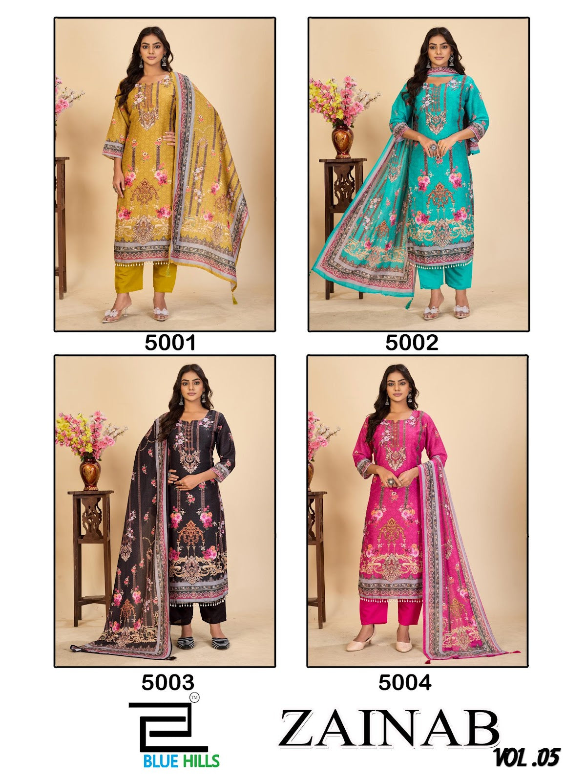 Zainab Vol 5 Blue Hills Poly Readymade Pant Style Suits Exporter Gujarat