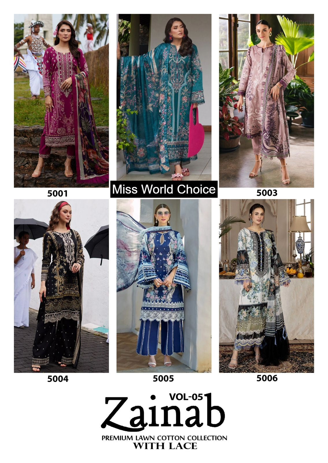 Zainab Vol 5 Miss World Choice Lawn Cotton Karachi Salwar Suits Exporter Gujarat