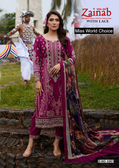 Zainab Vol 5 Miss World Choice Lawn Cotton Karachi Salwar Suits Exporter Gujarat