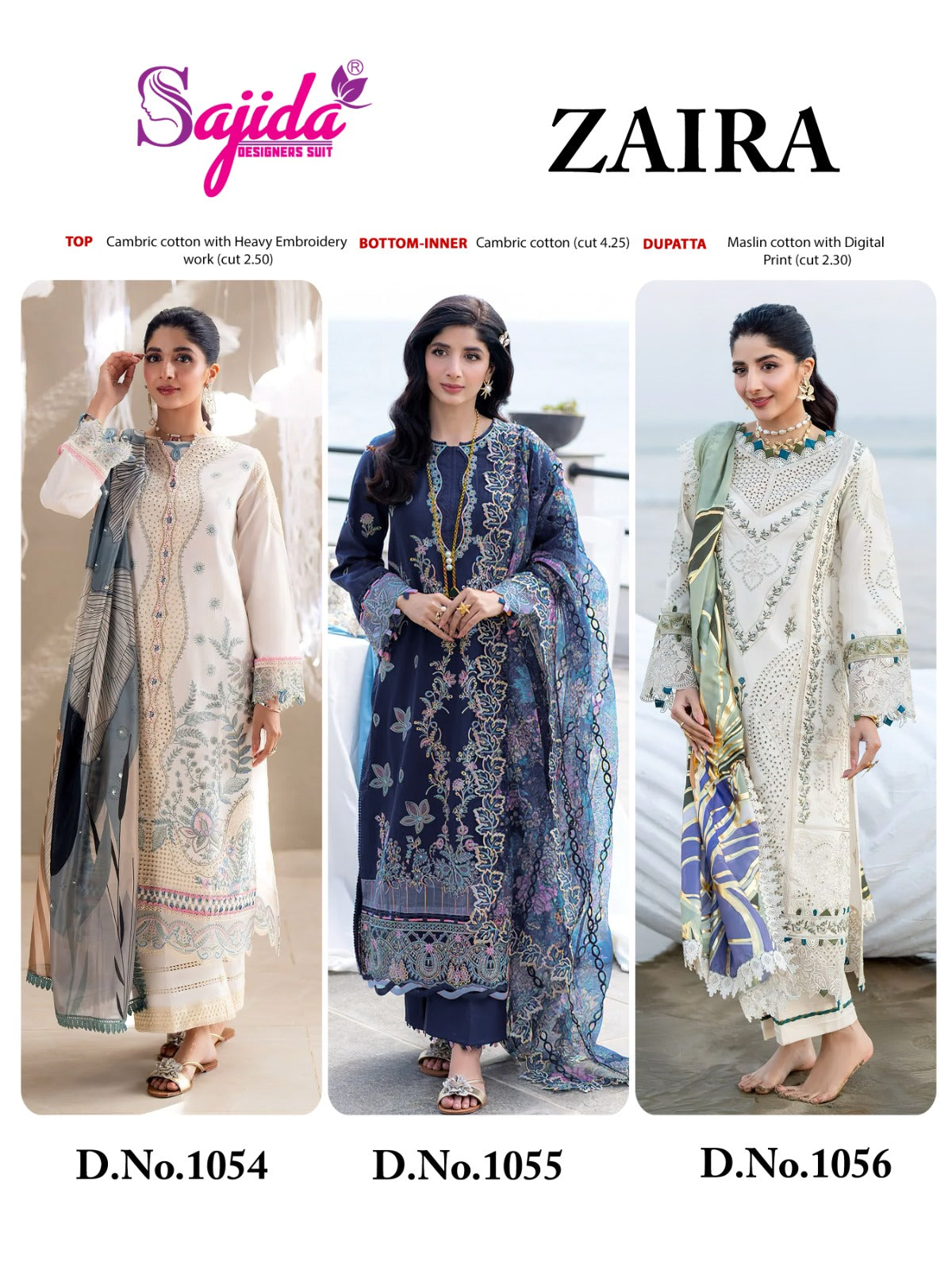 Zaira Sajida Cambric Cotton Pakistani Salwar Suits Exporter