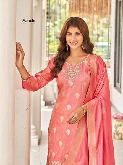 Zara Aanchi Jacquard Readymade Pant Style Suits Exporter India
