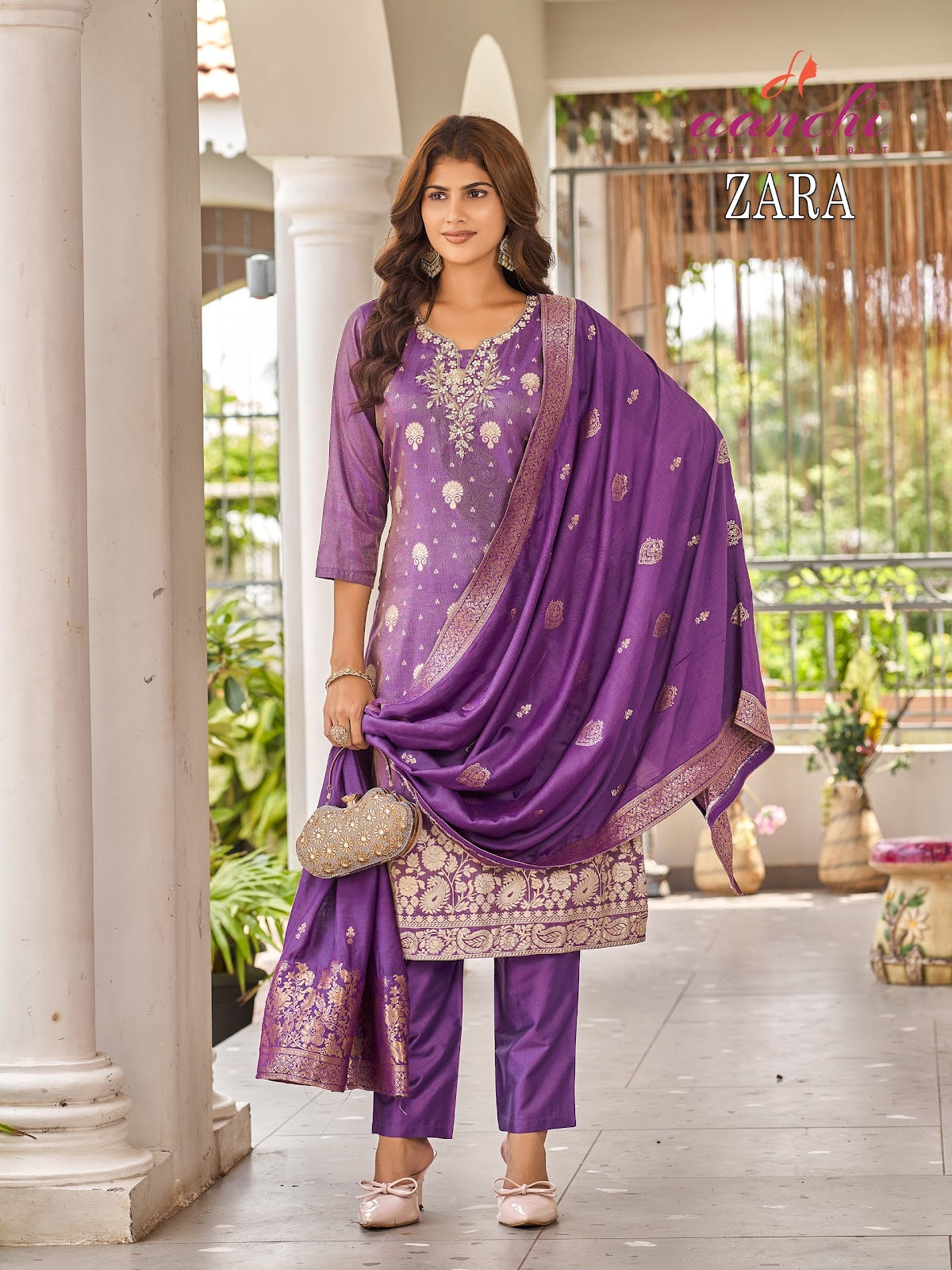 Zara Aanchi Jacquard Readymade Pant Style Suits Exporter India
