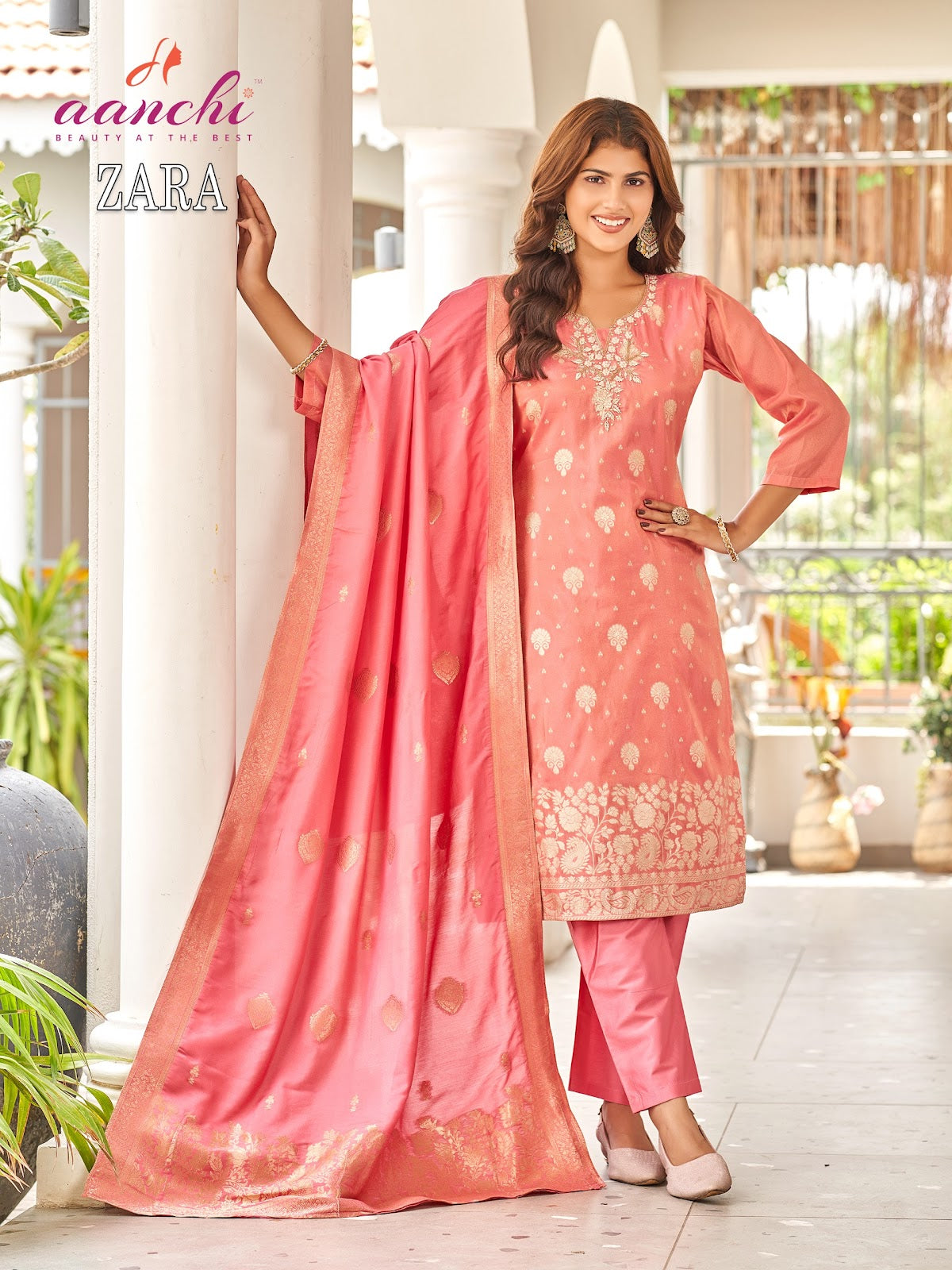 Zara Aanchi Jacquard Readymade Pant Style Suits Exporter India