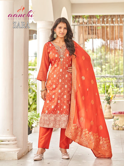 Zara Aanchi Jacquard Readymade Pant Style Suits Exporter India