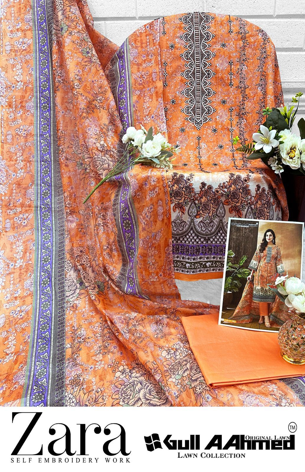Zara Self Embroidery Work Gul Ahmed Lawn Karachi Salwar Suits Wholesale