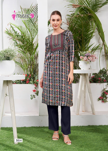 Zara Vol 1 Mystic 9 Reyon Knee Length Kurtis Exporter Ahmedabad