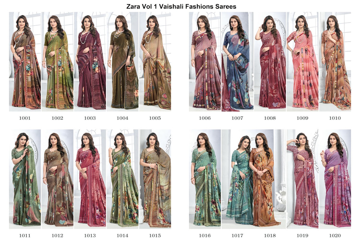 Zara Vol 1 Vaishali Fashions Pure Crape Sarees Wholesaler Ahmedabad