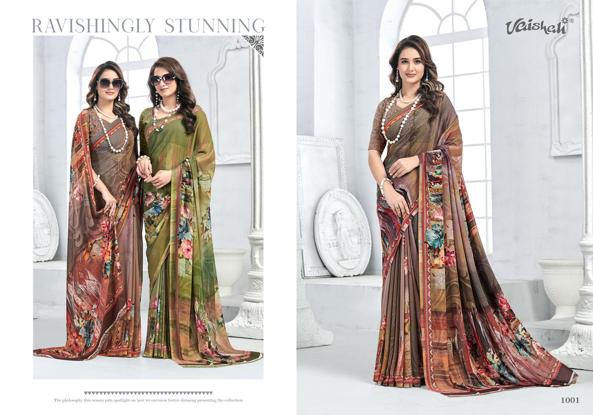 Zara Vol 1 Vaishali Fashions Pure Crape Sarees Wholesaler Ahmedabad