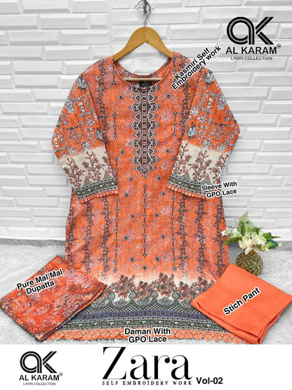 Zara Vol 2 Self Embroidery Work Al Karam Lawn Cotton Karachi Readymade Suits Wholesaler India