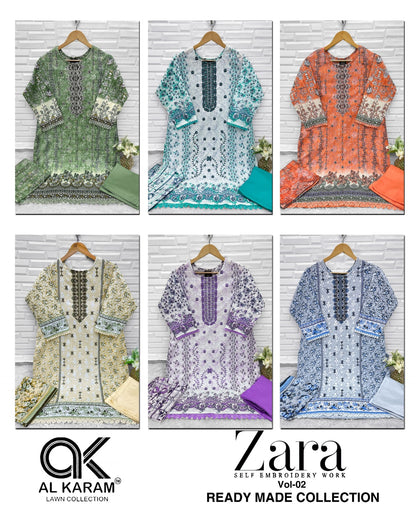 Zara Vol 2 Self Embroidery Work Al Karam Lawn Cotton Karachi Readymade Suits Wholesaler India