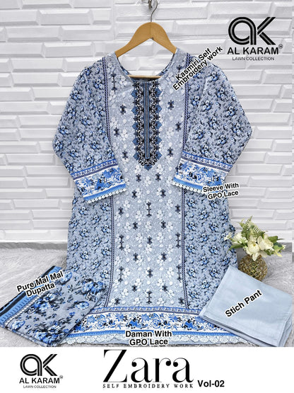 Zara Vol 2 Self Embroidery Work Al Karam Lawn Cotton Karachi Readymade Suits Wholesaler India