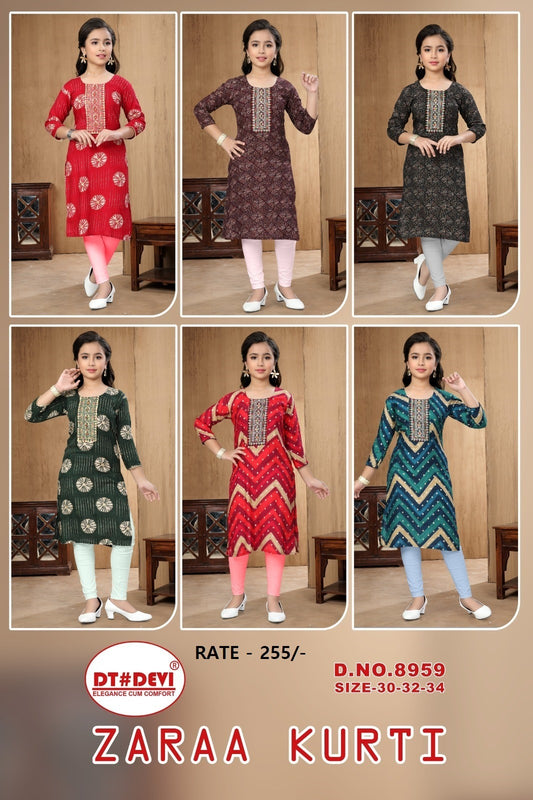Zaraa Dn 8959 Dt Devi Rayon Girls Kurti Supplier