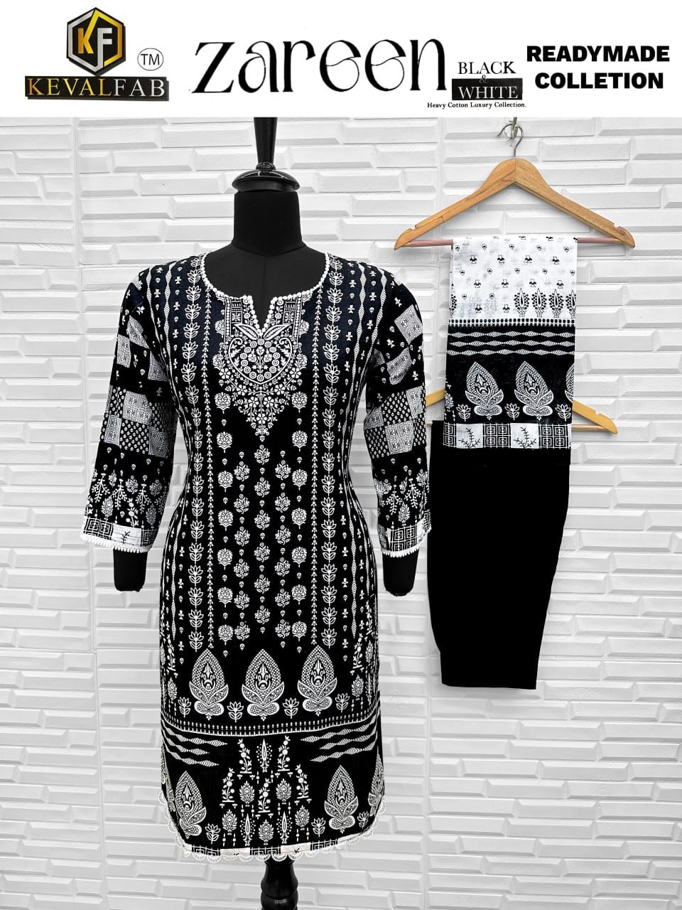 Zareen Black And White Keval Fab Heavy Cotton Karachi Readymade Suits Supplier India